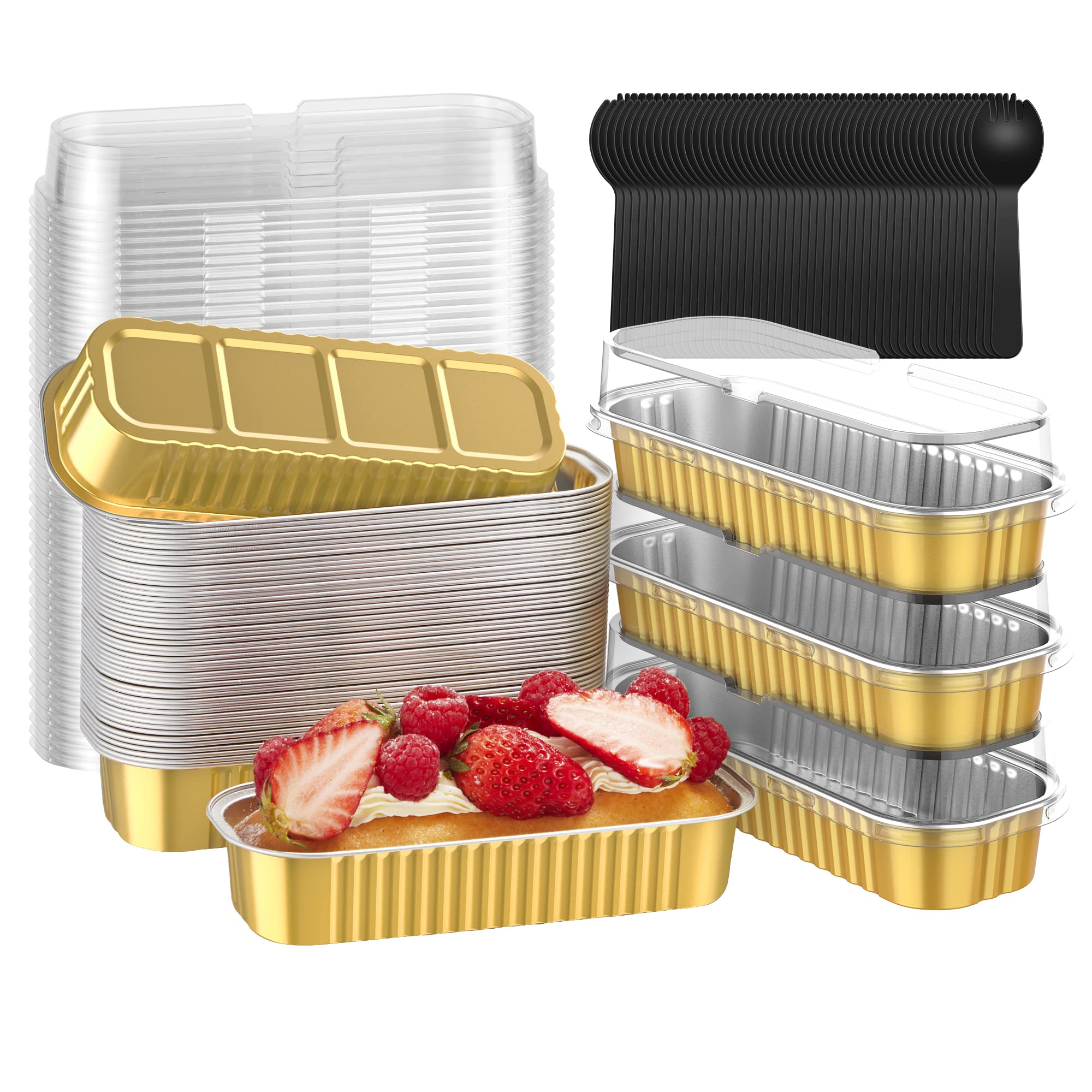 Kootek Mini Loaf Pans with Lids and Sporks (50 Pack, 6.8oz), Rectangle Aluminum Foil Cake Tins Containers, Disposable Baking Cups Cupcake Liners Muffin Tins for Mini Loaf Brownie Bread Cake Ramekins