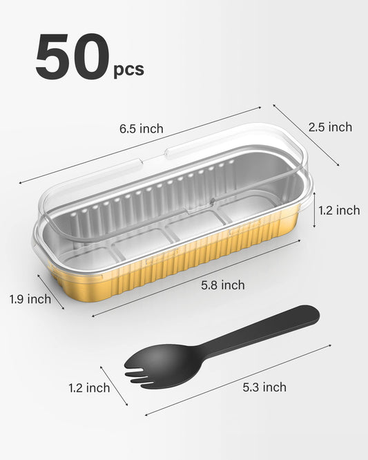 Kootek Mini Loaf Pans with Lids and Sporks (50 Pack, 6.8oz), Rectangle Aluminum Foil Cake Tins Containers, Disposable Baking Cups Cupcake Liners Muffin Tins for Mini Loaf Brownie Bread Cake Ramekins