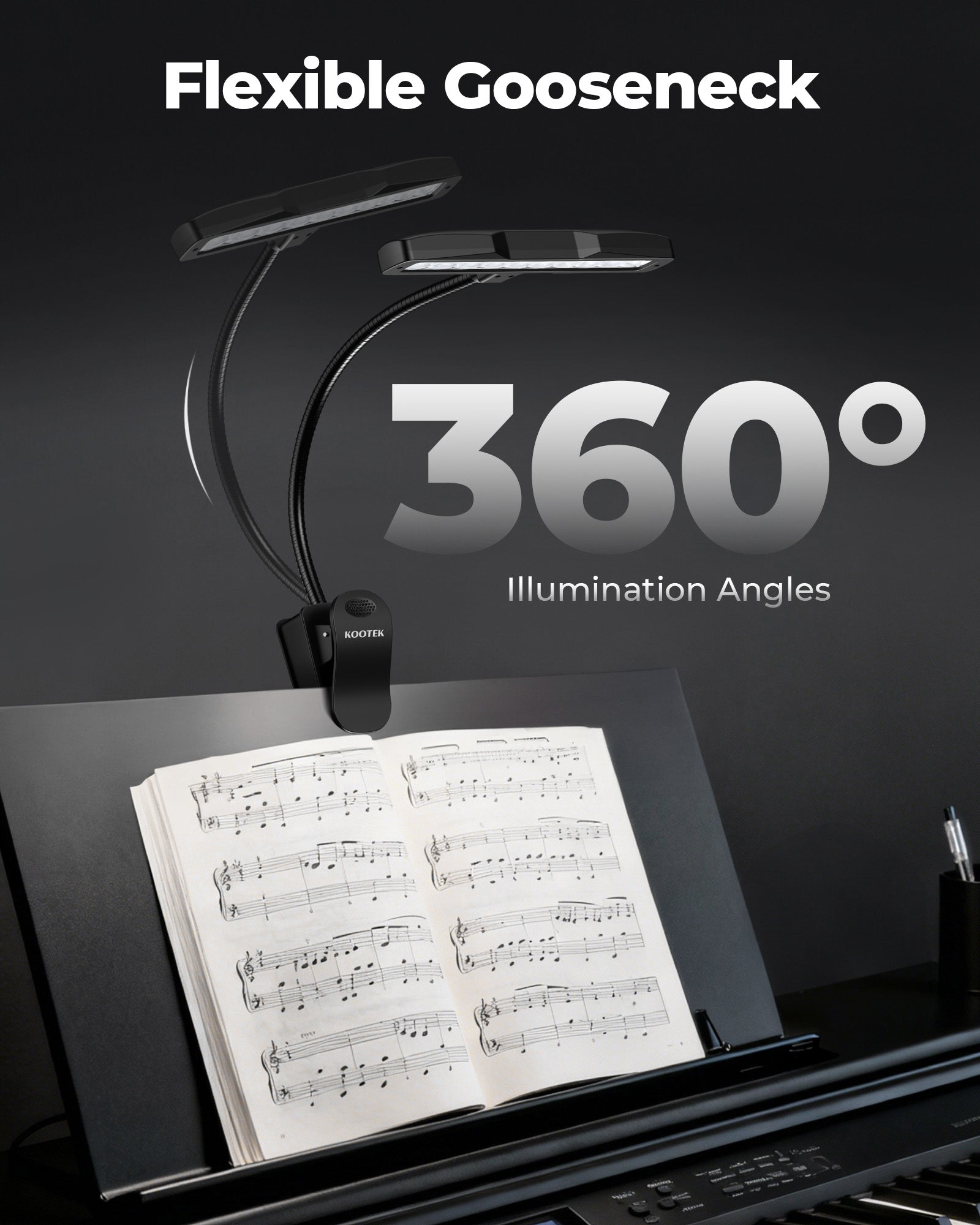 Kootek Music Stand Light, Eye Caring Clip-on Piano Lamp, 360° Flexible Gooseneck Adjustable Brightness USB Rechargeable for Sheet, Book Reading, Orchestra, Podium, Easel