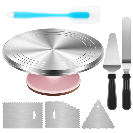 Kootek Aluminium Alloy Revolving Cake Stand, Cake Decorating Kit with 12 Inch Cake Turntable for Decorating, Angled Silicone Frosting Spatula, 3 Comb Icing Smoother, Pie Server Cutter Baking Supplies