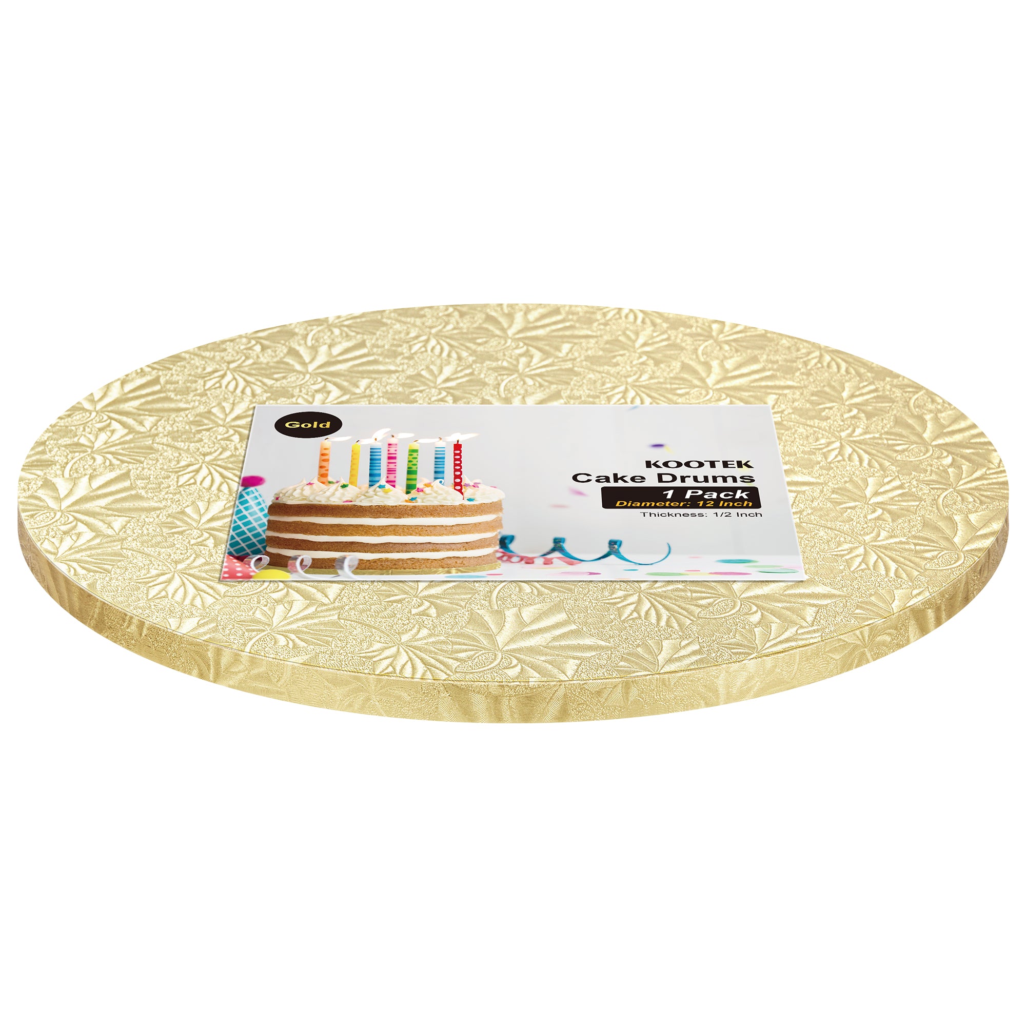 Kootek Cake Boards Drum 12 Inch Round, 1/2" Thick Decorating Supplies, Gold Sturdy Corrugated Cardboard Base, Base para Pastel, 1 Pack