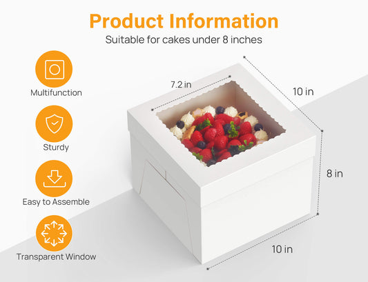 Kootek 15pcs Cake Boxes, 10x10x8 Inches Tall Cake Box with Window, White Bakery Boxes, Large Baking Boxes, Square Cardboard Cake Box for Multi-Layer Cakes, Pie, Pastries, Cake Decorating Supplies