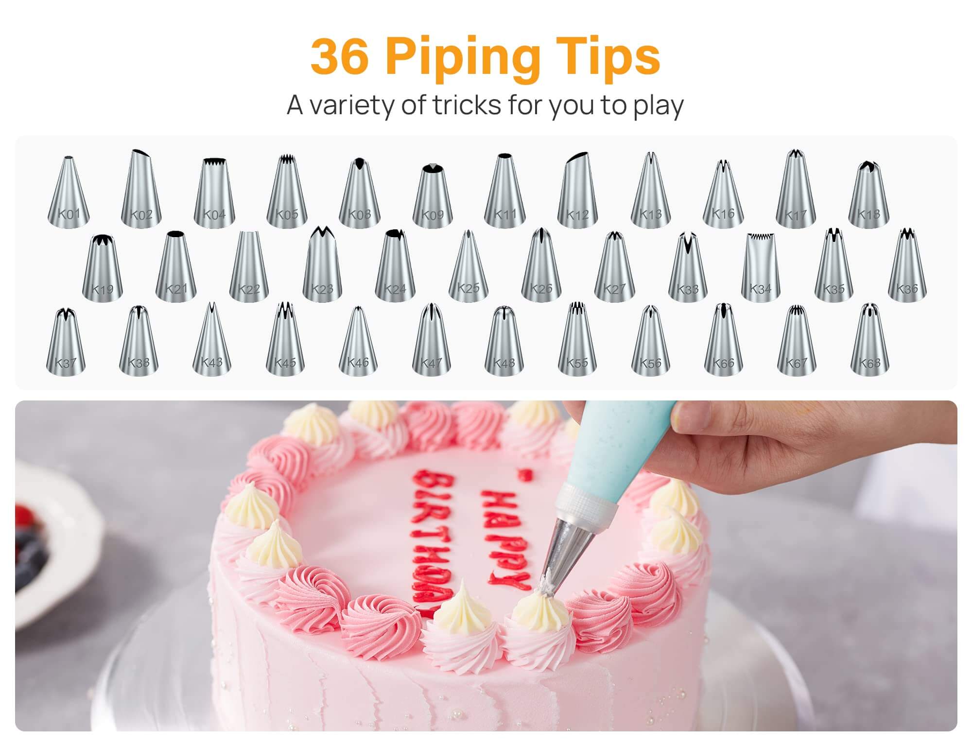 Kootek 42PCs Piping Bags and Tips Set, Cupcake Piping Tips Cake Decorating Kit with 36 Numbered Cake Frosting Icing Tips, 2 Silicone Pastry Bags, 2 Flower Nails, 2 Reusable Couplers for Baking