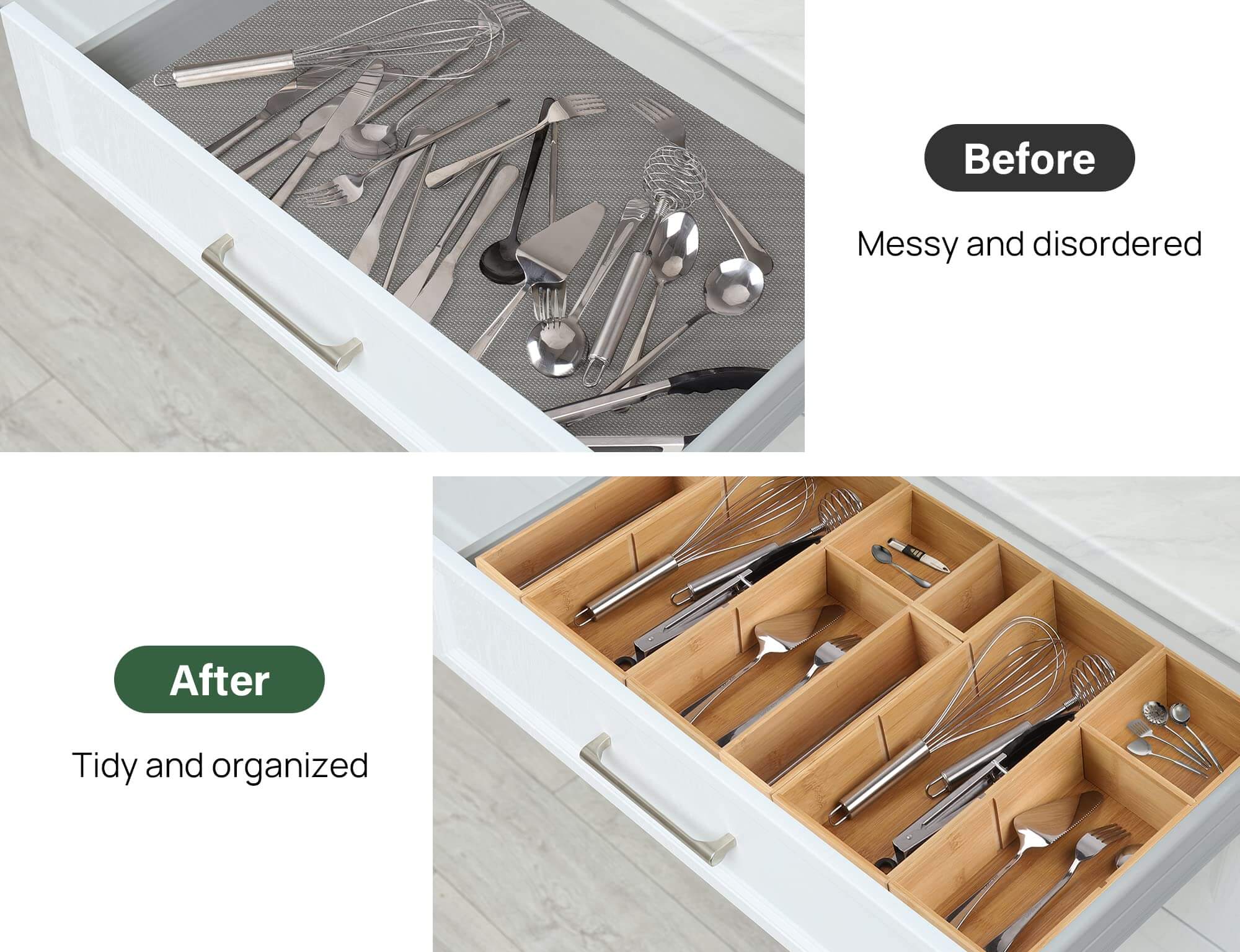 Kootek 6 Pcs Bamboo Drawer Organizer Utensil Tray Kitchen Storage Box 3-Size Versatile Dividers Cutlery Holders Bins Containers for Flatware Kitchen Utensils